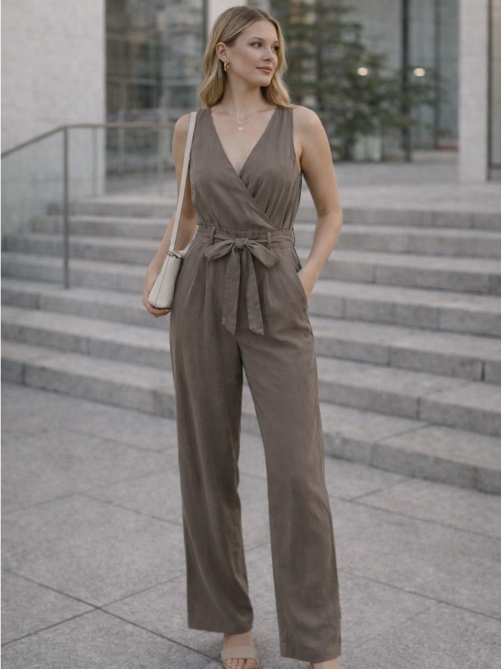 Simons Contemporaine Lyocell Belted Wide Leg Jumpsuit Gray Size 8 Preppy Office